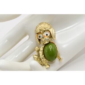 Vintage 1950s Dog Brooch Green Lucite Belly Googly Eyes Gold